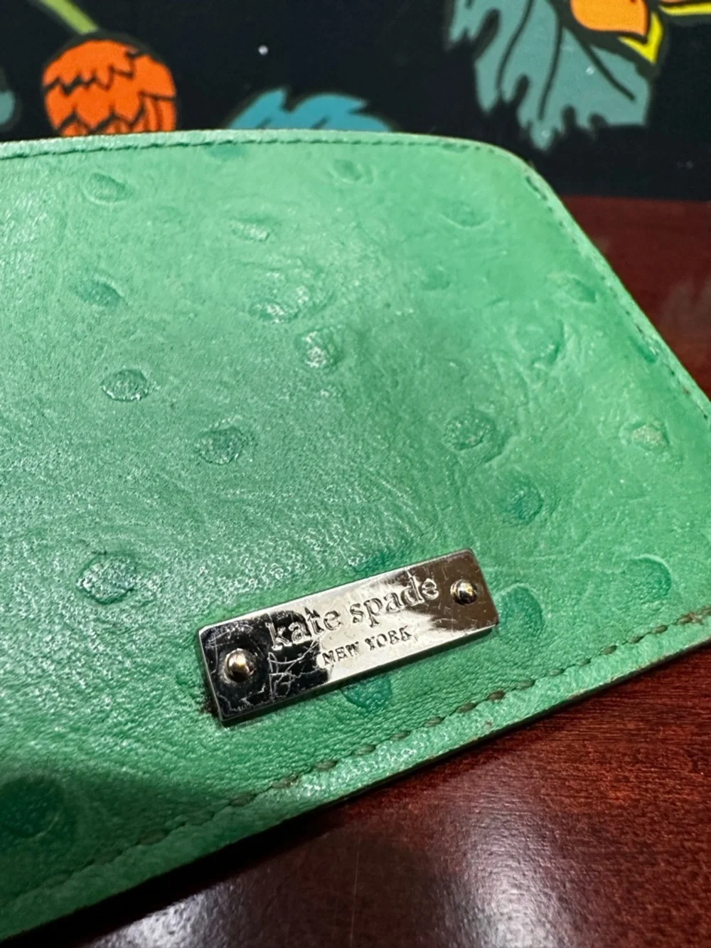 Kate Spade Green Ostrich Embossed Leather Card Holder Slim Wallet